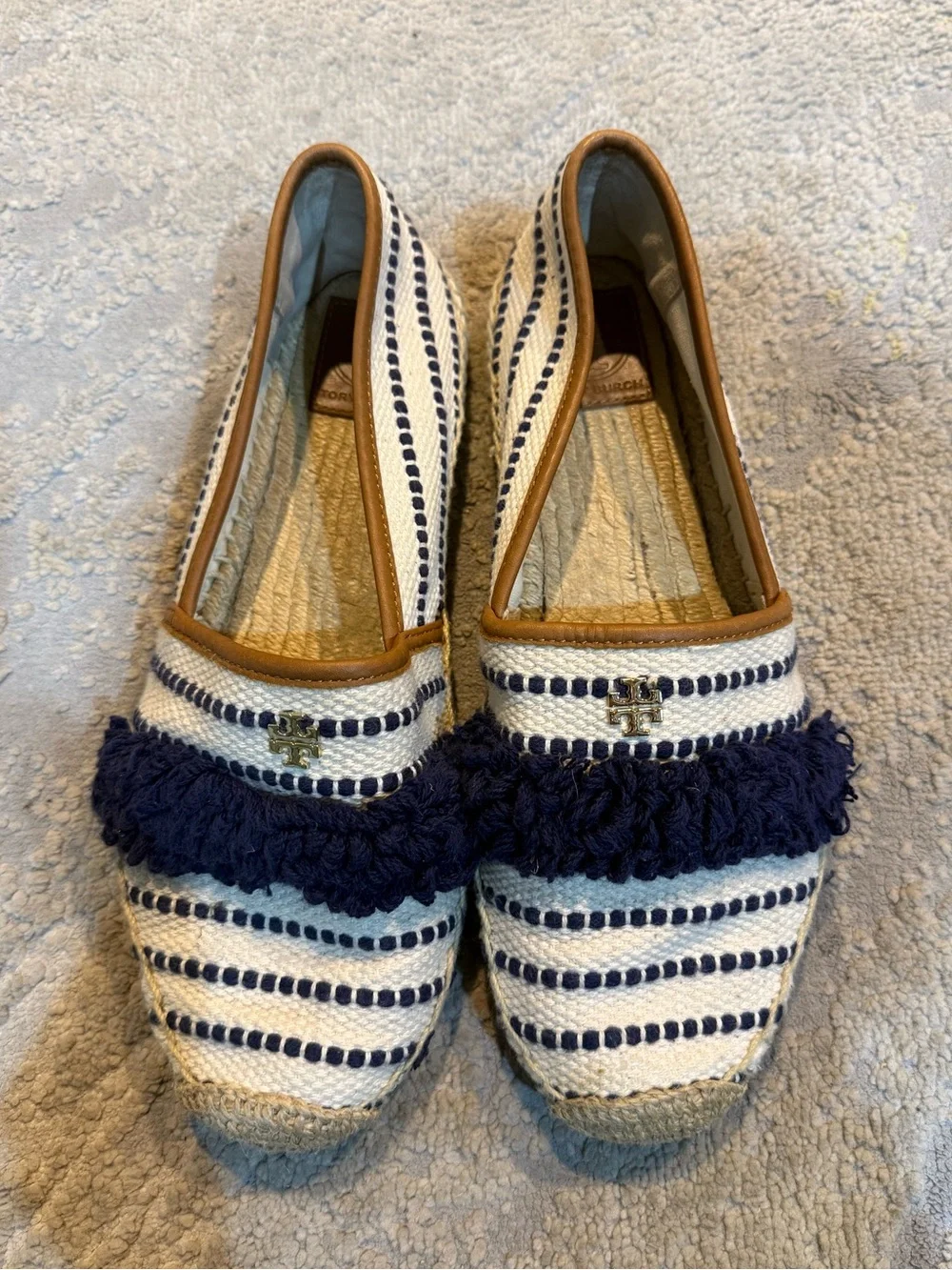 Tory Burch Shaw Fringe Espadrilles Navy Cream Stripe Slip On 10.5